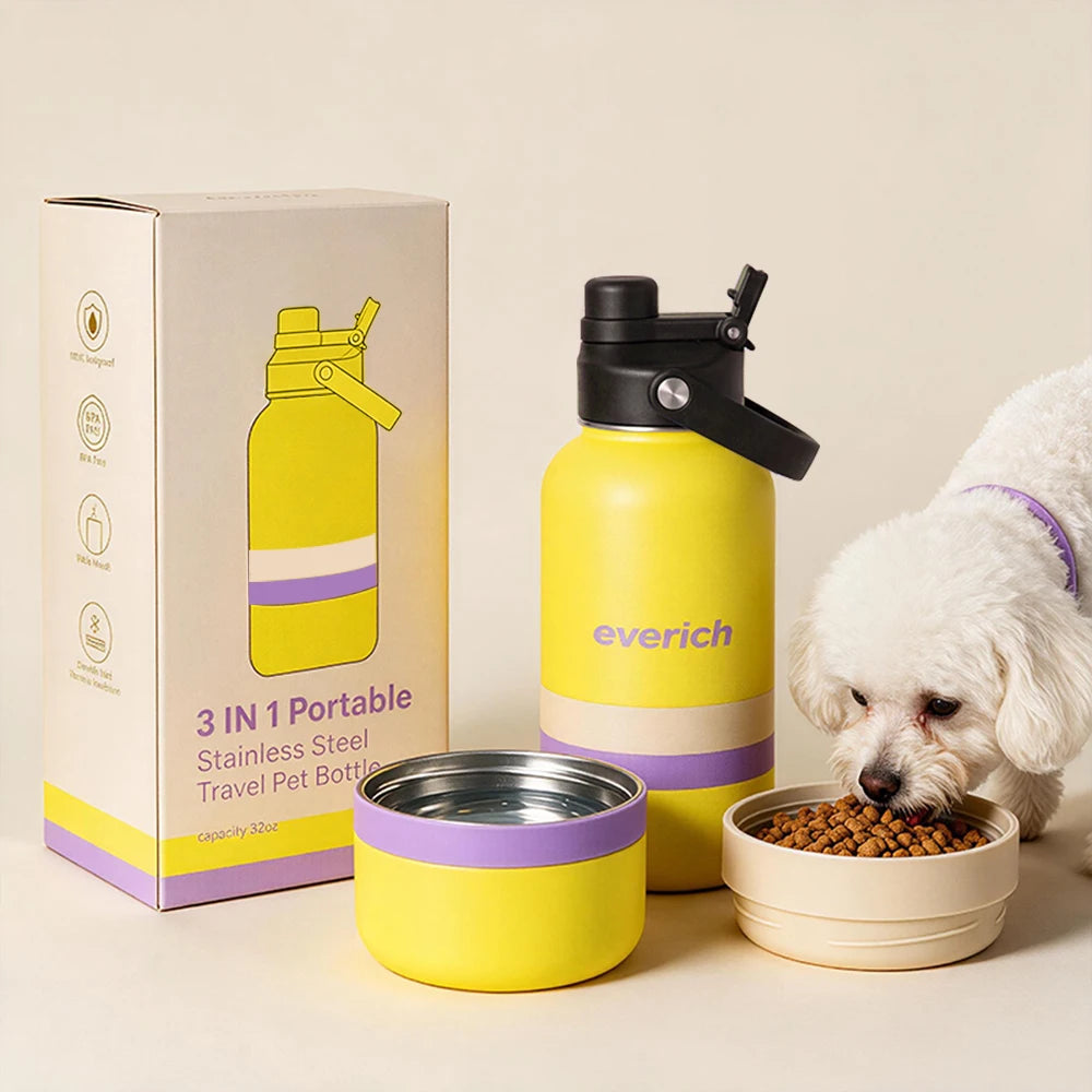 Free Sample 32Oz 3 in 1 Leakproof Pet Travel Water Bottle for Dogs Detachable Bowls Keeps Water Cold Christmas Gift