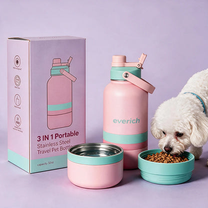 Free Sample 32Oz 3 in 1 Leakproof Pet Travel Water Bottle for Dogs Detachable Bowls Keeps Water Cold Christmas Gift