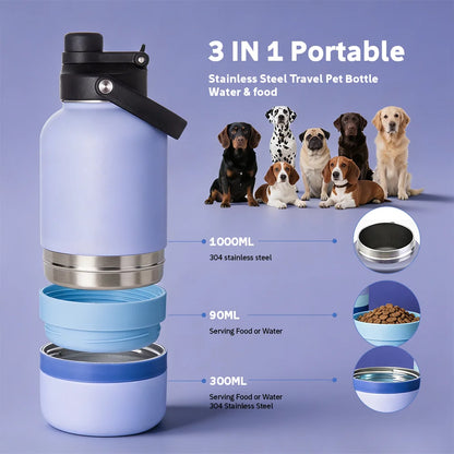 Free Sample 32Oz 3 in 1 Leakproof Pet Travel Water Bottle for Dogs Detachable Bowls Keeps Water Cold Christmas Gift